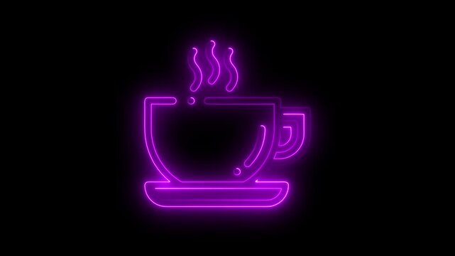 Neon purple coffee cup animation, steaming hot beverage sign for cafe and restaurant branding