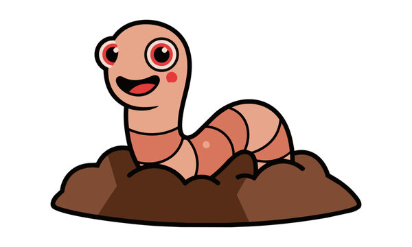 Friendly cartoon earthworm character emerging from a mound of brown soil on a white background, minimalist flat design concept