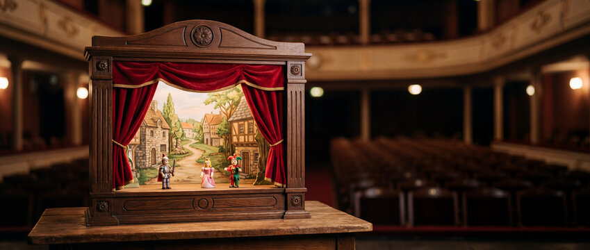 Vintage toy puppet theater with marionettes on miniature stage in empty historic auditorium