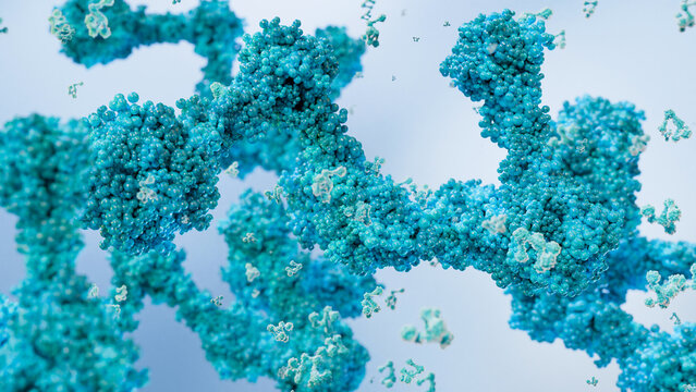 antibodies or immunoglobulin protein or enzyme Molecular structure, Chain of amino acids, biological concept, chemistry and biochemistry, DNA proteins, hydroxyproline, closeups formation, 3d render