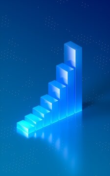 Glowing 3D bar chart showing growth on blue background