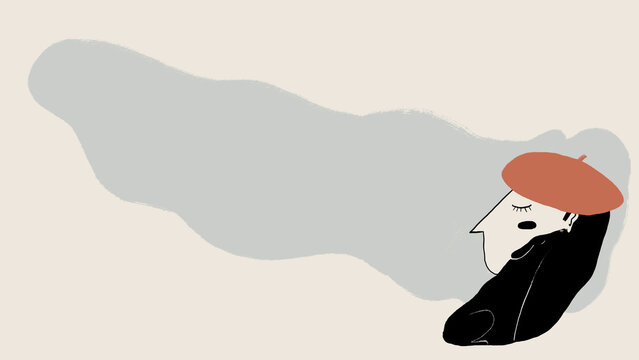 Girl in beret and dreamlike dog illustration