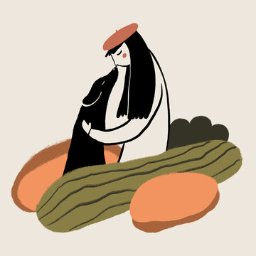 Girl hugging a beloved dog in whimsical illustration