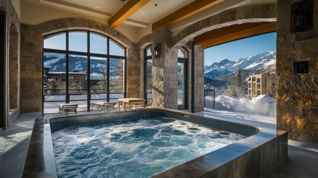 Indoor hot tub with mountain view.