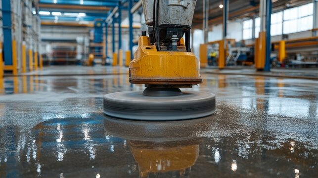 Industrial floor polishing machine in action, cleaning a large factory floor.
