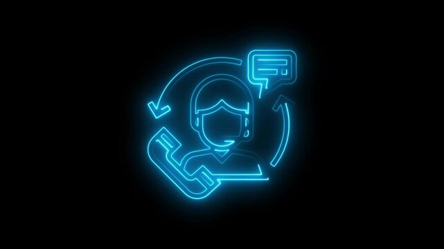 Neon customer support animation: glowing call center agent and chat bubble symbol for business communication and tech ui