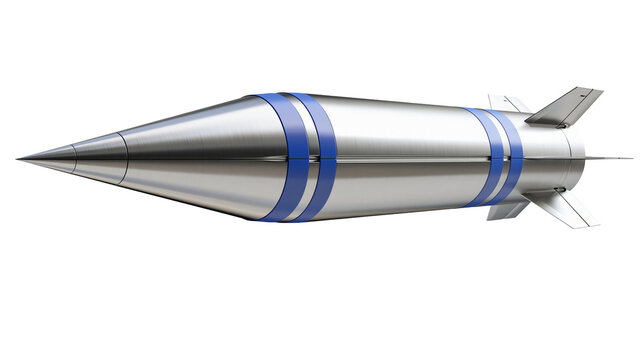 Sleek metallic missile with blue bands, isolated on transparent background