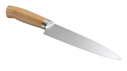 Fototapeta premium Sharp stainless steel kitchen knife with bamboo handle, isolated on transparent background