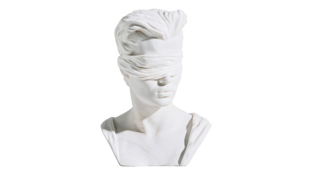 White marble bust of a woman with eyes blindfolded by fabric, isolated on transparent background