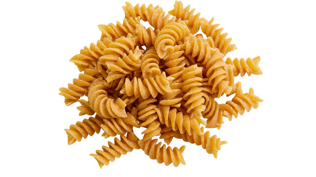 Pile of whole wheat fusilli pasta spirals, isolated on transparent background