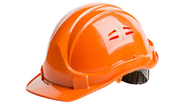 Bright orange construction hard hat with ventilation slots, isolated on transparent background