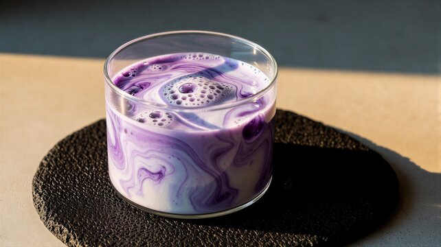 Purple swirled milk in glass on black textured coaster sunlit surface