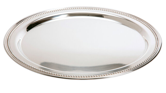 Polished silver oval serving tray with beaded rim, isolated on transparent background
