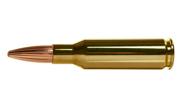 Shiny brass bullet with copper tip, isolated on transparent background