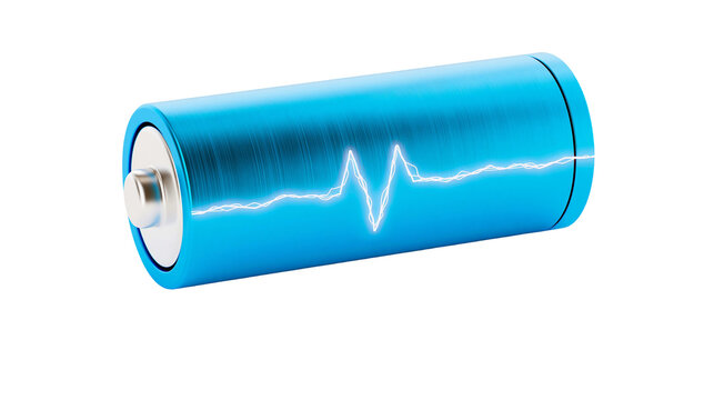 Blue metallic battery with electric pulse graphic, isolated on transparent background