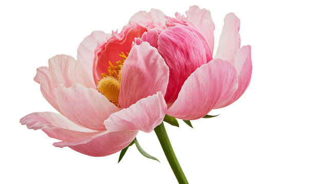 Delicate pink peony flower with yellow center, isolated on transparent background