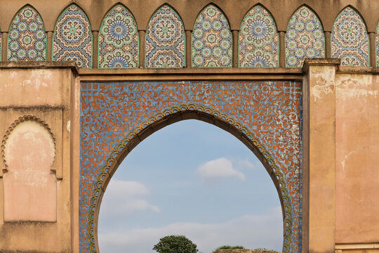 Close-up of the Colorful Zellige Arch at Bab Moulay Ismail, Meknes, Morocco