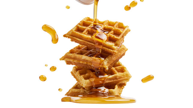 Stack of golden waffles with dripping syrup, isolated on transparent background