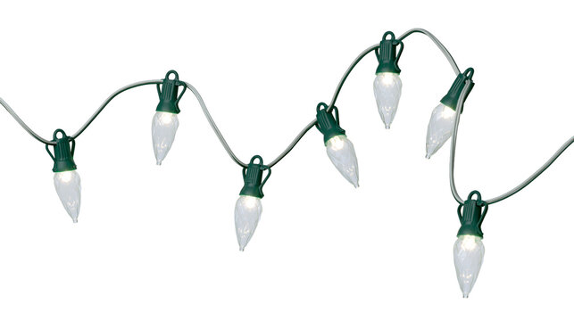 Green-socketed clear C7 Christmas lights strung together, isolated on transparent background