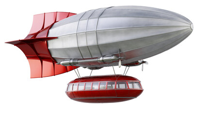 Retro silver dirigible with red gondola and tail fins, isolated on transparent background © Emilia