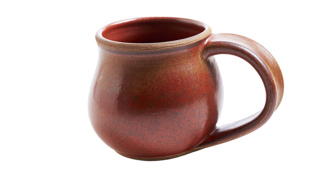 Rustic red ceramic mug with speckled glaze, isolated on transparent background