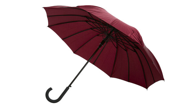 Deep red umbrella with black curved handle, isolated on transparent background
