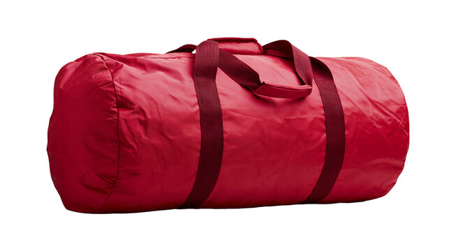 Red duffel bag with dark red straps, isolated on transparent background
