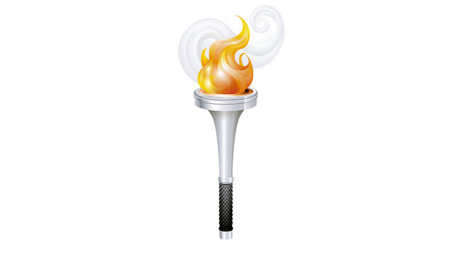 Silver Olympic torch with bright orange flame and smoke, isolated on transparent background