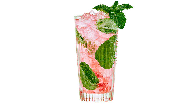 Tall glass of pink strawberry mojito with mint leaves and crushed ice, isolated on transparent background