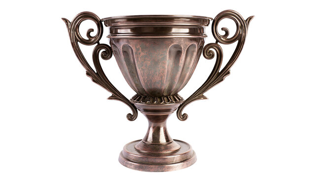 Ornate antique bronze trophy cup with decorative handles, isolated on transparent background