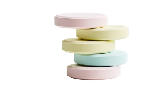 Stack of pastel colored round tablets, isolated on transparent background