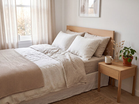 Calm Morning Bedroom Interior with Natural Light and Neutral Linen Bedding