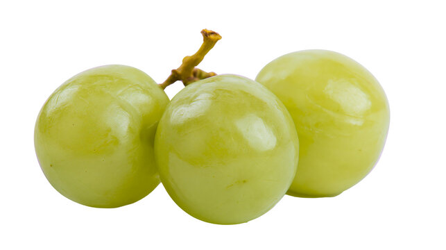 Three plump green grapes with a thin stem, isolated on transparent background