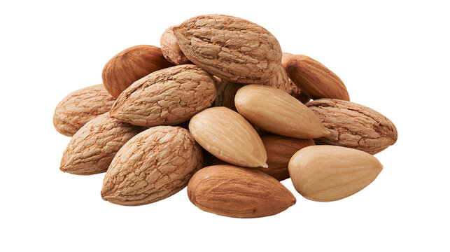 Pile of whole almonds with shells and shelled nuts, isolated on transparent background