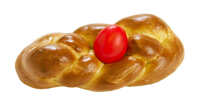 Golden braided challah bread with a single red Easter egg, isolated on transparent background