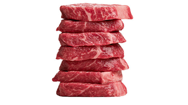 Stack of raw marbled beef steaks, isolated on transparent background
