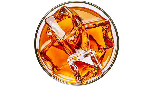Amber colored whiskey with clear ice cubes in a glass, isolated on transparent background