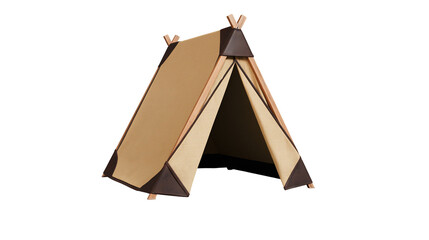 Natural canvas teepee tent with wooden poles and dark brown accents, isolated on transparent background © Emilia