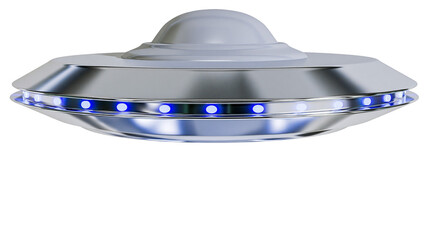 Shiny metallic flying saucer with blue lights, isolated on transparent background © Emilia