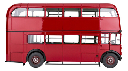Classic red double-decker bus with multiple windows, isolated on transparent background © Emilia