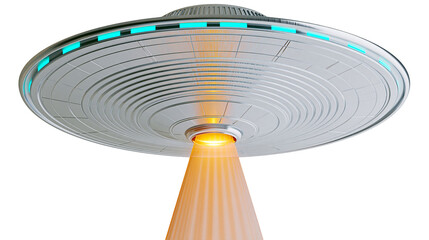 Silver metallic flying saucer with blue lights and orange beam, isolated on transparent background © Emilia