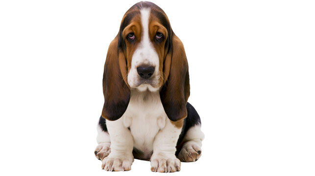 Sad Basset Hound puppy with long ears sitting, isolated on transparent background
