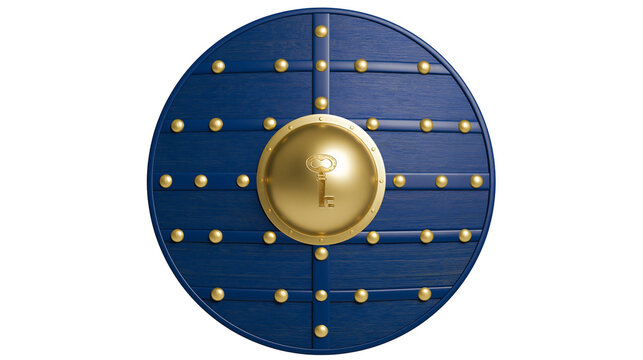 Round blue wooden shield with golden studs and central golden key emblem, isolated on transparent background