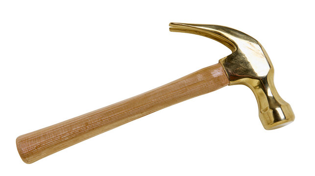 Shiny golden claw hammer with wooden handle, isolated on transparent background