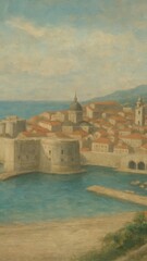 Naklejka premium Serene coastal townscape painting mobile wallpaper