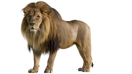 Majestic male lion with full mane standing proudly, isolated on transparent background © Emilia