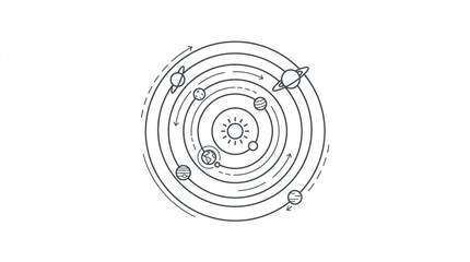 Stylized illustration of the solar system with planets orbiting the sun. © andi