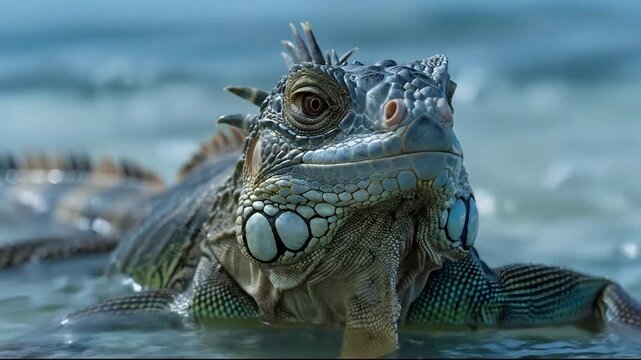 Green Iguana swimming in blue ocean water close-up
