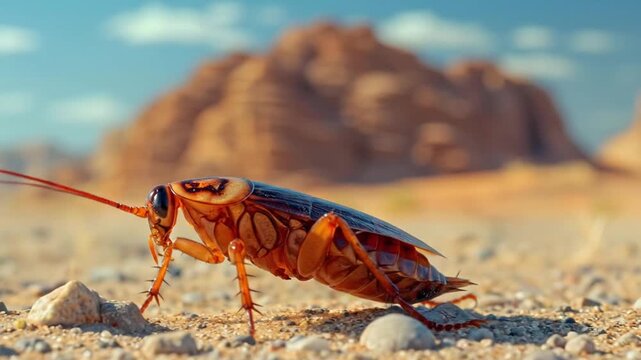 Macro Shot of a Cockroach Crawling in Arid Desert