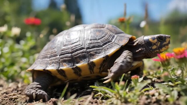 Box Turtle Crawling Through Summer Garden Flowers
